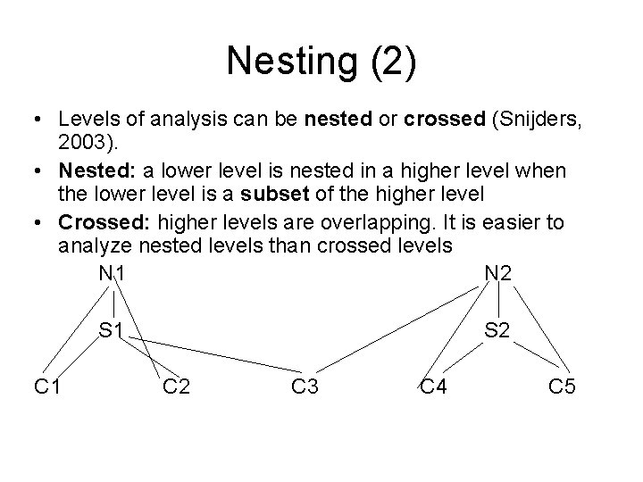 Nesting (2) • Levels of analysis can be nested or crossed (Snijders, 2003). •