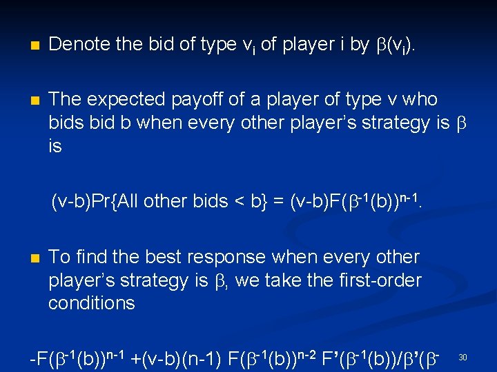 n n Denote the bid of type vi of player i by b(vi). The
