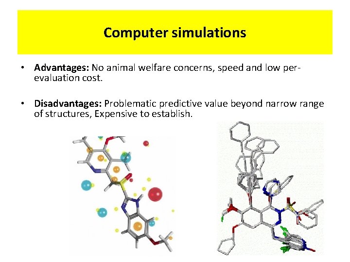 Computer simulations • Advantages: No animal welfare concerns, speed and low perevaluation cost. •