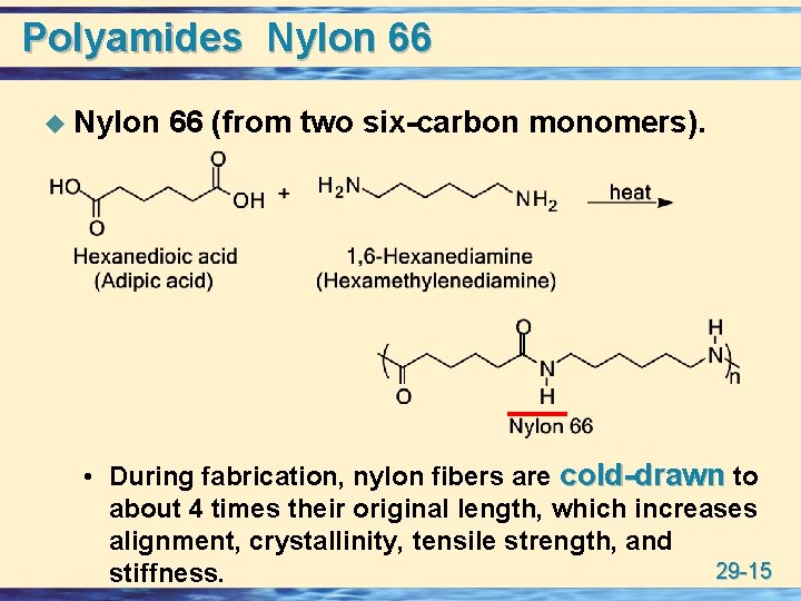 Polyamides Nylon 66 u Nylon 66 (from two six-carbon monomers). • During fabrication, nylon