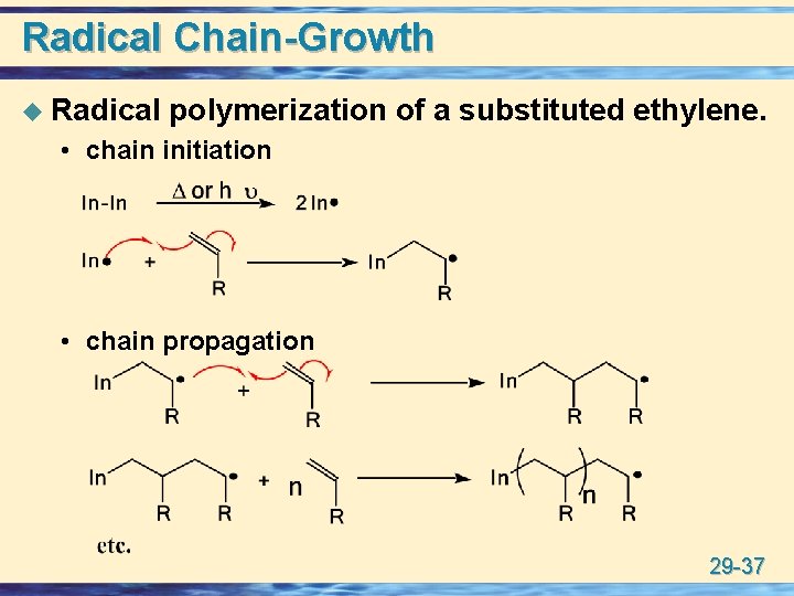 Radical Chain-Growth u Radical polymerization of a substituted ethylene. • chain initiation • chain