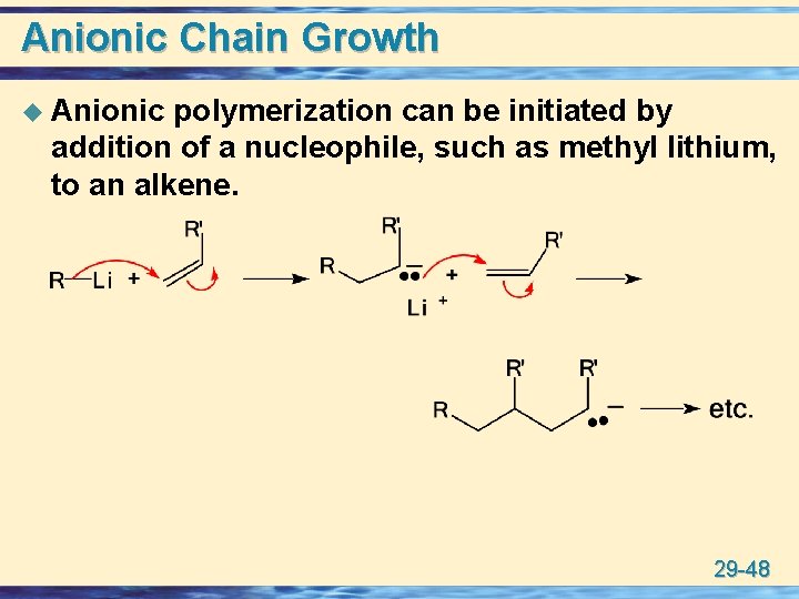 Anionic Chain Growth u Anionic polymerization can be initiated by addition of a nucleophile,