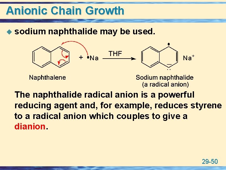 Anionic Chain Growth u sodium naphthalide may be used. The naphthalide radical anion is