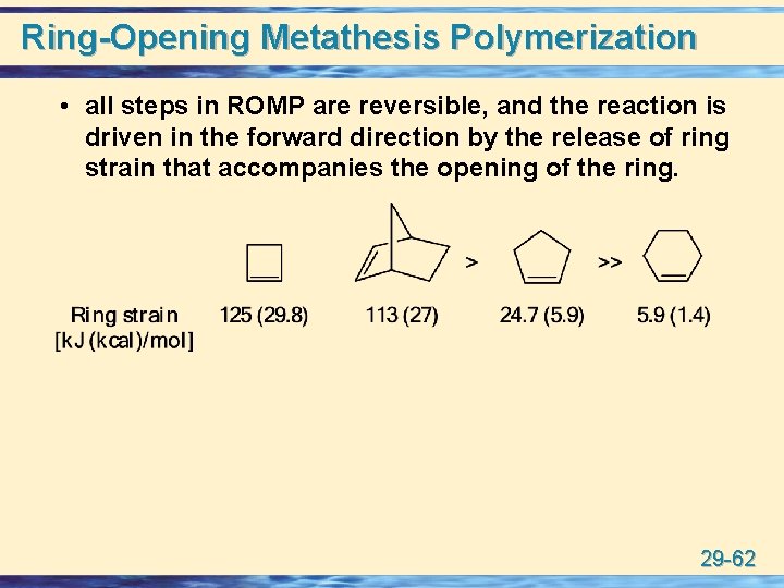 Ring-Opening Metathesis Polymerization • all steps in ROMP are reversible, and the reaction is