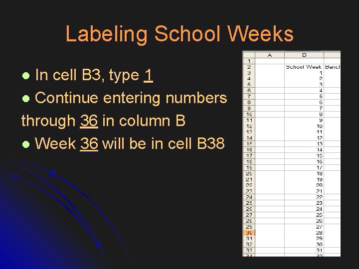 Labeling School Weeks In cell B 3, type 1 l Continue entering numbers through