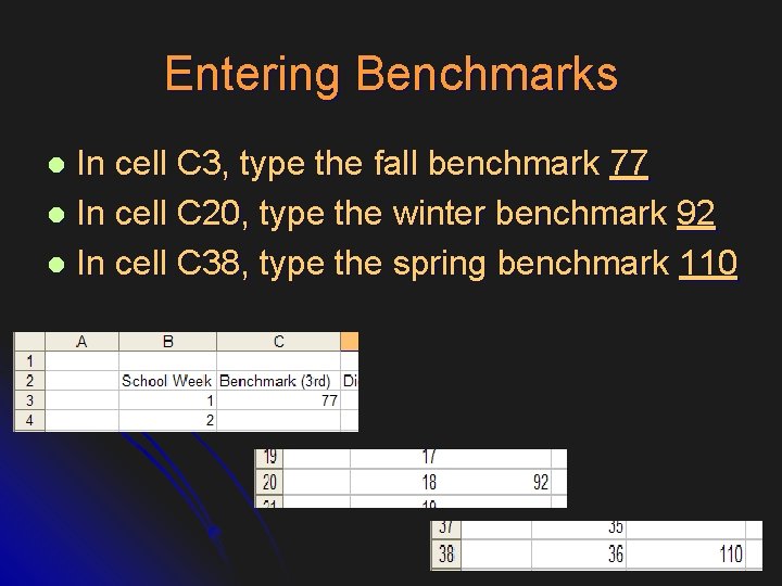 Entering Benchmarks In cell C 3, type the fall benchmark 77 l In cell