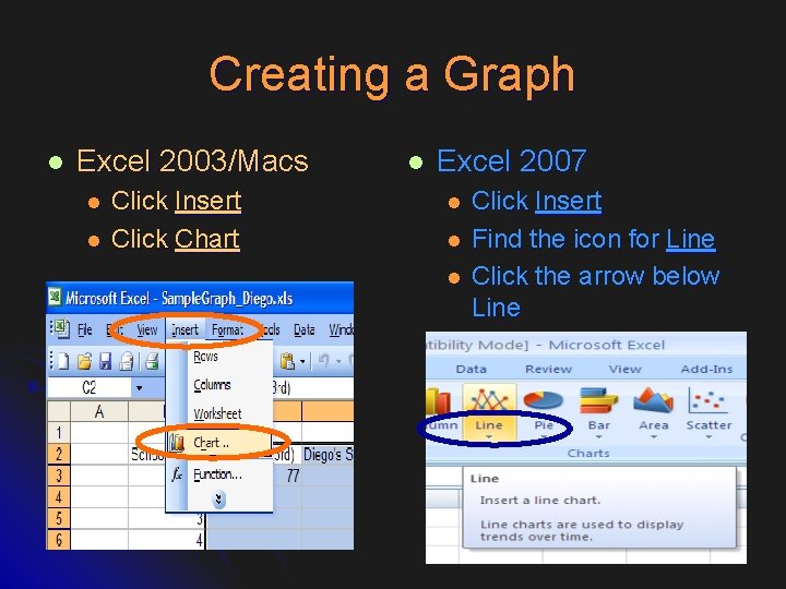 Creating a Graph l Excel 2003/Macs l l Click Insert Click Chart l Excel