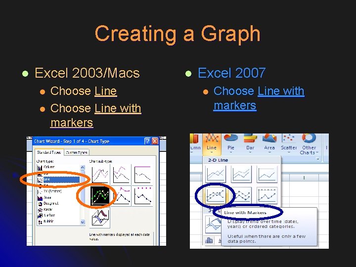 Creating a Graph l Excel 2003/Macs l l Choose Line with markers l Excel