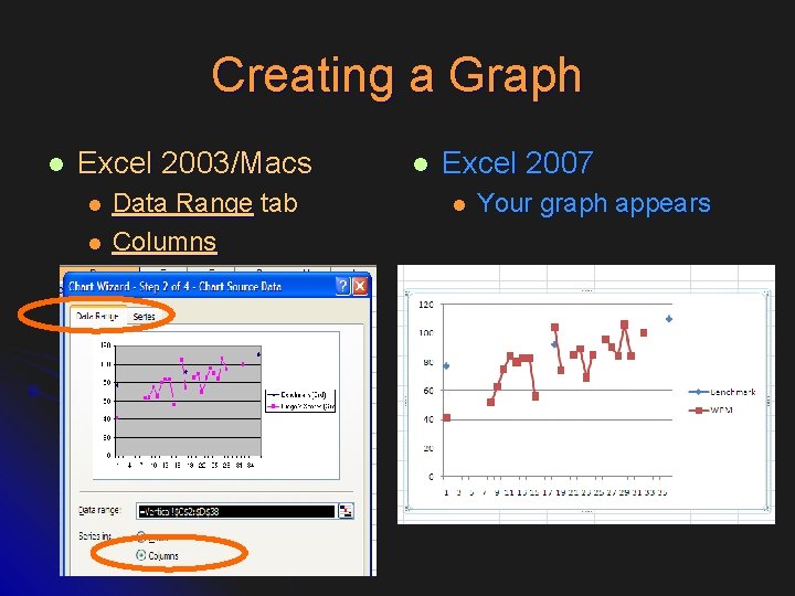 Creating a Graph l Excel 2003/Macs l l Data Range tab Columns l Excel