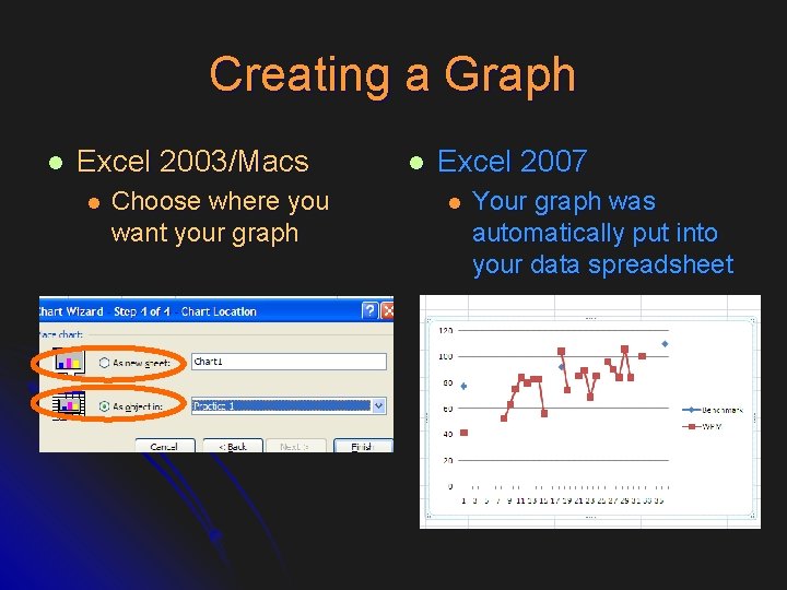 Creating a Graph l Excel 2003/Macs l Choose where you want your graph l