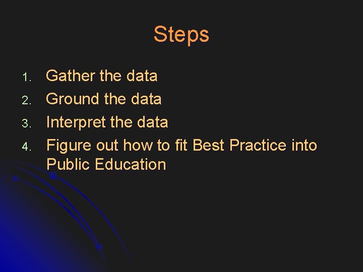 Steps 1. 2. 3. 4. Gather the data Ground the data Interpret the data