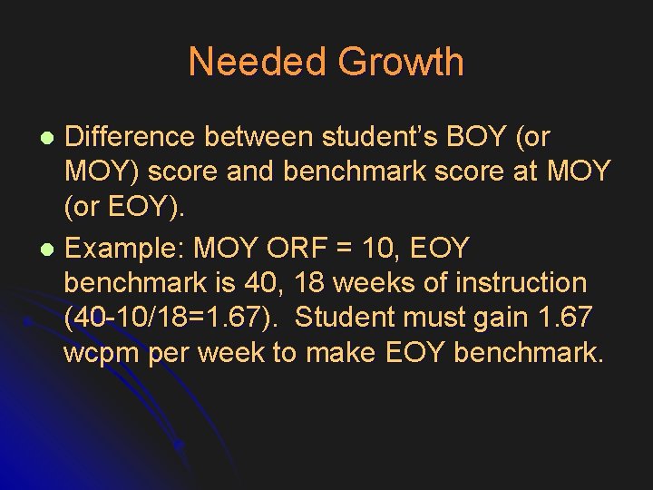 Needed Growth Difference between student’s BOY (or MOY) score and benchmark score at MOY