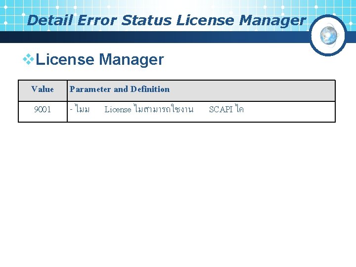 Detail Error Status License Manager v. License Manager Value Parameter and Definition 9001 -