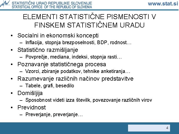 ELEMENTI STATISTIČNE PISMENOSTI V FINSKEM STATISTIČNEM URADU • Socialni in ekonomski koncepti – Inflacija,
