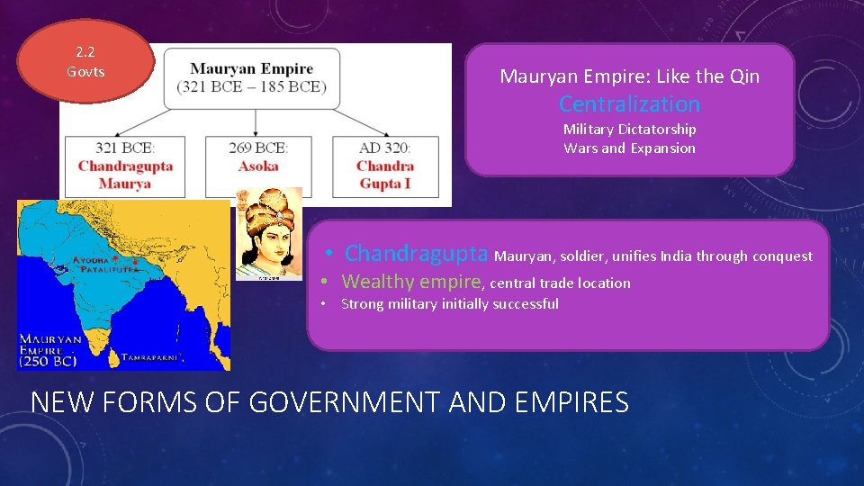 2. 2 Govts Mauryan Empire: Like the Qin Centralization Military Dictatorship Wars and Expansion