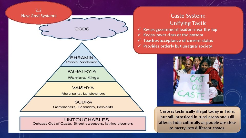 2. 2 New Govt Systems Caste System: Unifying Tactic ü ü Keeps government leaders