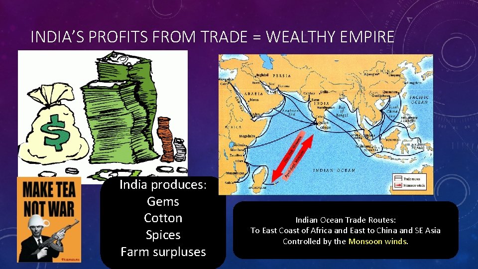 INDIA’S PROFITS FROM TRADE = WEALTHY EMPIRE India produces: Gems Cotton Spices Farm surpluses