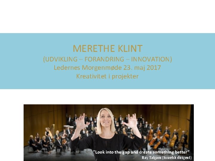 MERETHE KLINT (UDVIKLING – FORANDRING – INNOVATION) Ledernes Morgenmøde 23. maj 2017 Kreativitet i
