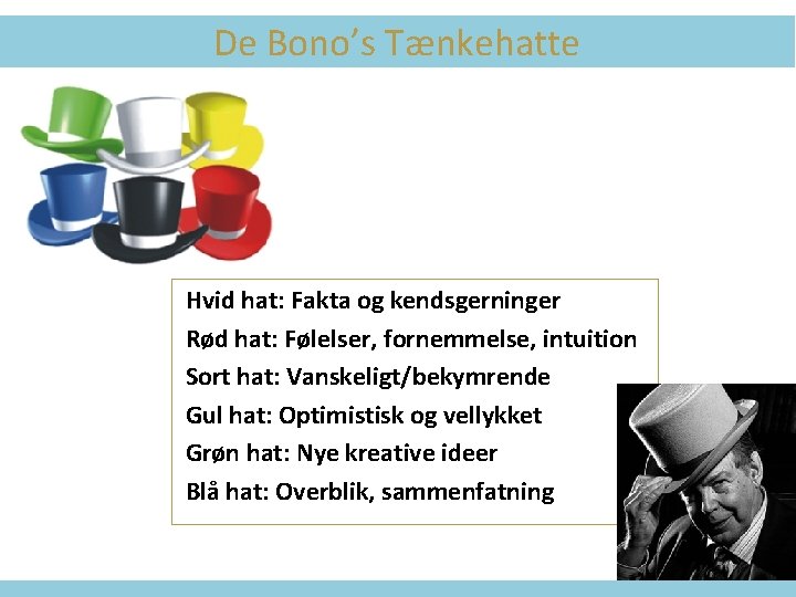 De Bono’s Tænkehatte Hvid hat: Fakta og kendsgerninger Rød hat: Følelser, fornemmelse, intuition Sort