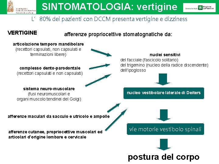 SINTOMATOLOGIA: vertigine L’ 80% dei pazienti con DCCM presenta vertigine e dizziness VERTIGINE afferenze