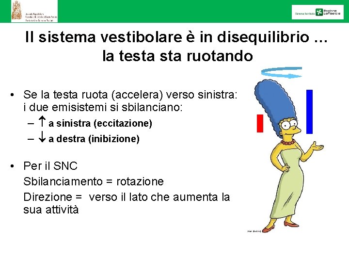 Il sistema vestibolare è in disequilibrio … la testa ruotando • Se la testa