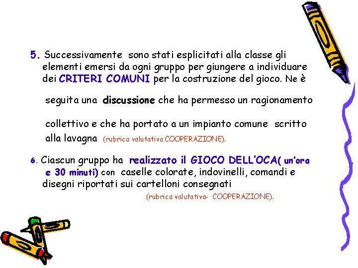 5. Successivamente sono stati esplicitati alla classe gli elementi emersi da ogni gruppo per