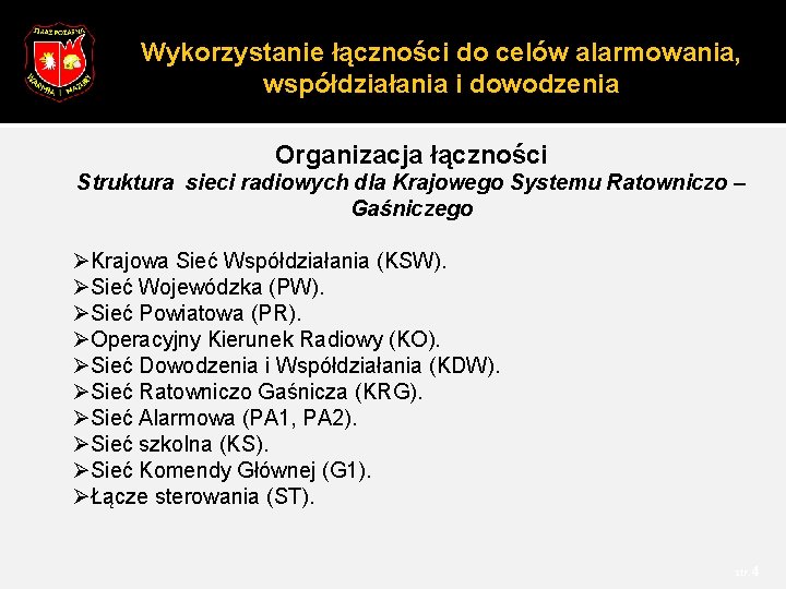 Wykorzystanie łączności do celów alarmowania, współdziałania i dowodzenia Organizacja łączności Struktura sieci radiowych dla