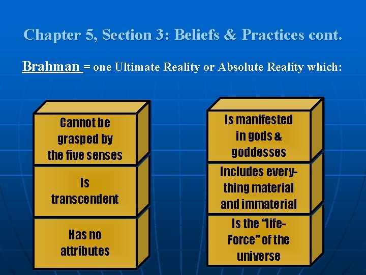 Chapter 5, Section 3: Beliefs & Practices cont. Brahman = one Ultimate Reality or