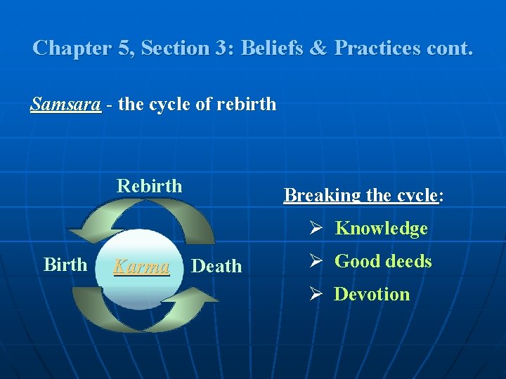 Chapter 5, Section 3: Beliefs & Practices cont. Samsara - the cycle of rebirth