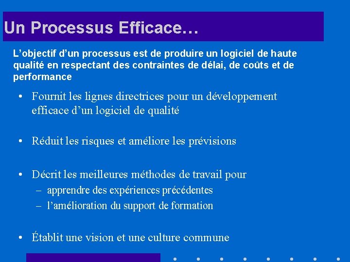 Un Processus Efficace… L’objectif d’un processus est de produire un logiciel de haute qualité