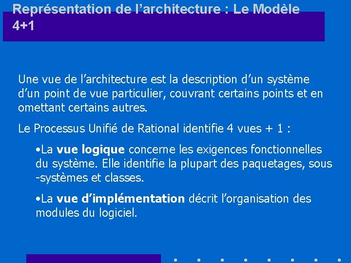 Représentation de l’architecture : Le Modèle 4+1 Une vue de l’architecture est la description