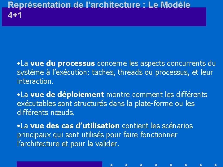 Représentation de l’architecture : Le Modèle 4+1 • La vue du processus concerne les