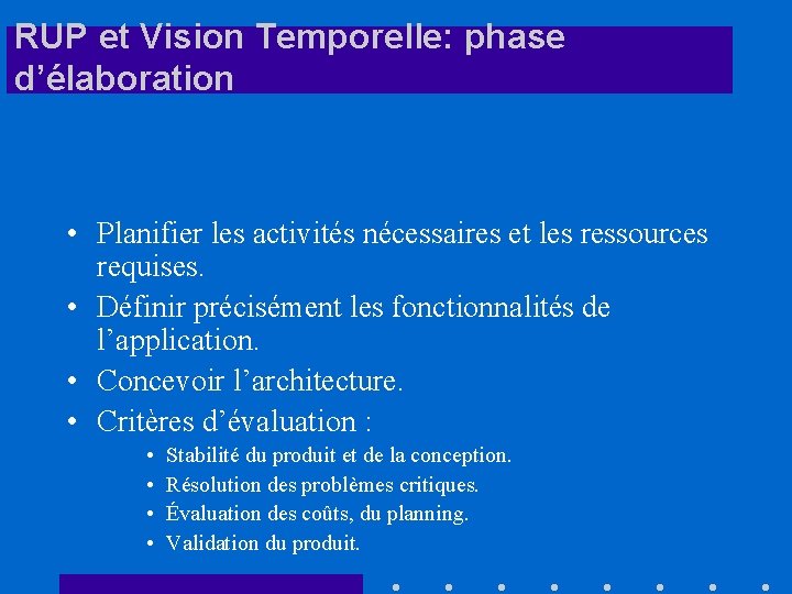 RUP et Vision Temporelle: phase d’élaboration • Planifier les activités nécessaires et les ressources