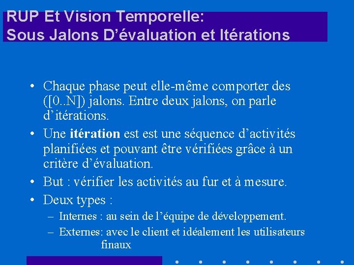 RUP Et Vision Temporelle: Sous Jalons D’évaluation et Itérations • Chaque phase peut elle-même