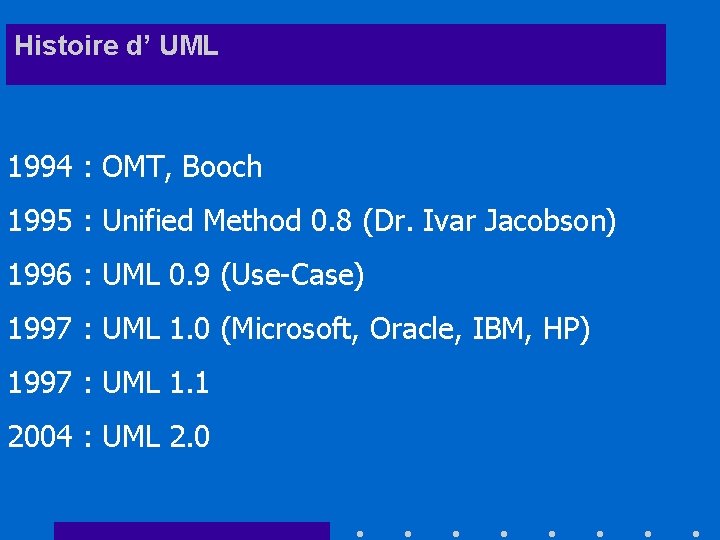 Histoire d’ UML 1994 : OMT, Booch 1995 : Unified Method 0. 8 (Dr.