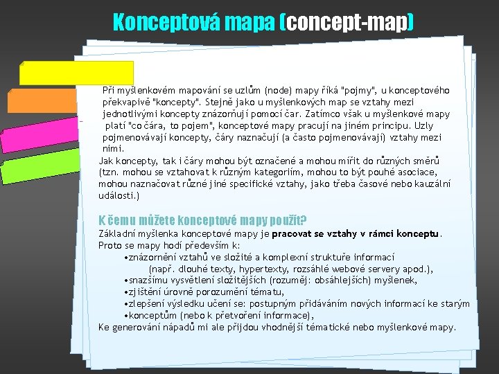 Konceptová mapa (concept-map) Při myšlenkovém mapování se uzlům (node) mapy říká "pojmy", u konceptového