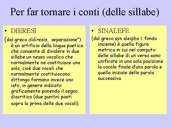 Per far tornare i conti (delle sillabe) • DIERESI • SINALEFE (dal greco diáiresis,