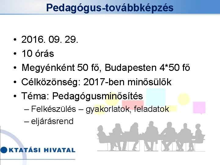 Pedagógus-továbbképzés • • • 2016. 09. 29. 10 órás Megyénként 50 fő, Budapesten 4*50