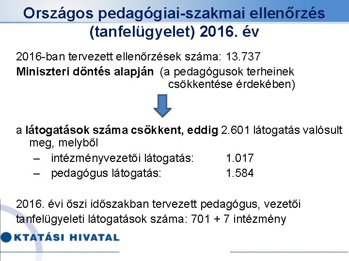 Országos pedagógiai-szakmai ellenőrzés (tanfelügyelet) 2016. év 2016 -ban tervezett ellenőrzések száma: 13. 737 Miniszteri