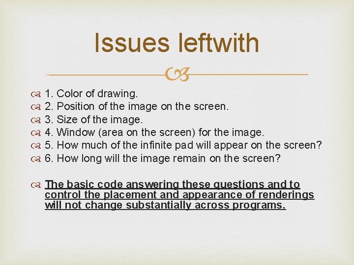 Issues leftwith 1. Color of drawing. 2. Position of the image on the screen.