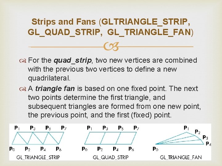 Strips and Fans (GLTRIANGLE_STRIP, GL_QUAD_STRIP, GL_TRIANGLE_FAN) For the quad_strip, two new vertices are combined