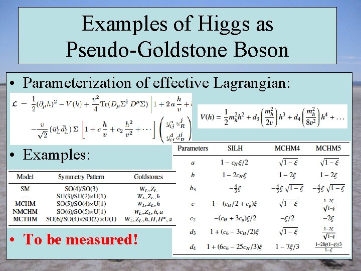 Examples of Higgs as Pseudo-Goldstone Boson • Parameterization of effective Lagrangian: • Examples: •