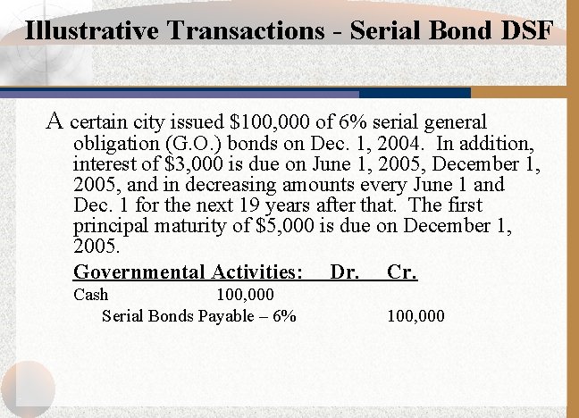 Illustrative Transactions - Serial Bond DSF A certain city issued $100, 000 of 6%