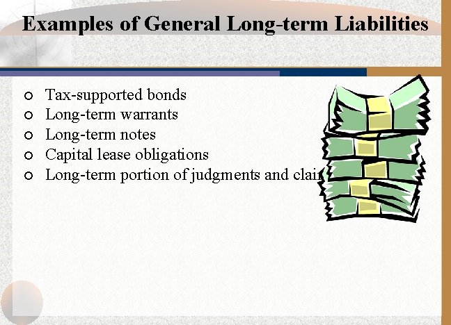 Examples of General Long-term Liabilities ¡ ¡ ¡ Tax-supported bonds Long-term warrants Long-term notes
