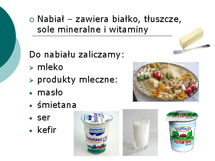  Nabiał – zawiera białko, tłuszcze, sole mineralne i witaminy Do nabiału zaliczamy: mleko