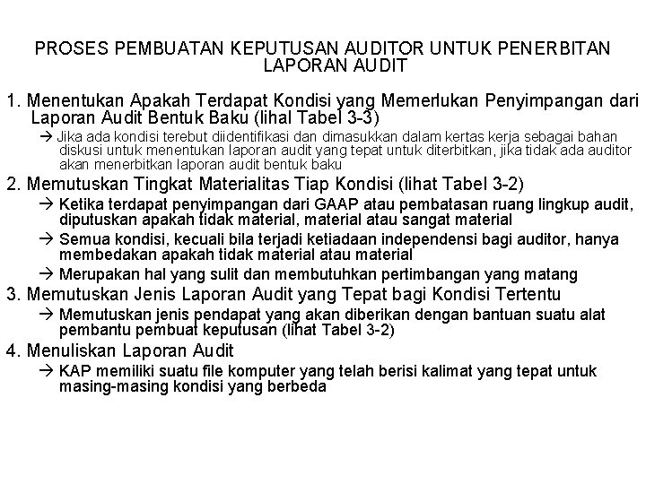 PROSES PEMBUATAN KEPUTUSAN AUDITOR UNTUK PENERBITAN LAPORAN AUDIT 1. Menentukan Apakah Terdapat Kondisi yang