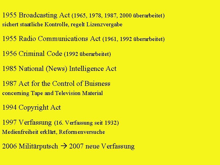 1955 Broadcasting Act (1965, 1978, 1987, 2000 überarbeitet) sichert staatliche Kontrolle, regelt Lizenzvergabe 1955