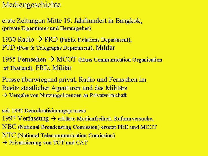 Mediengeschichte erste Zeitungen Mitte 19. Jahrhundert in Bangkok, (private Eigentümer und Herausgeber) 1930 Radio