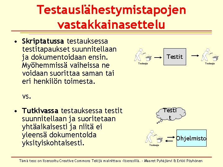 Testauslähestymistapojen vastakkainasettelu • Skriptatussa testauksessa testitapaukset suunnitellaan ja dokumentoidaan ensin. Myöhemmissä vaiheissa ne voidaan