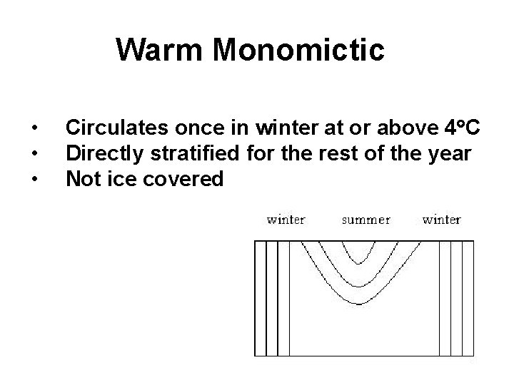 Warm Monomictic • • • Circulates once in winter at or above 4 C